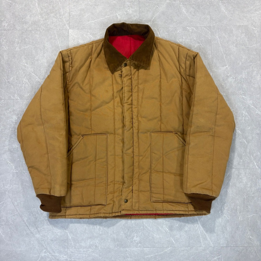 Vintage Quilted Canvas Work Jacket Tan Duck Brown Corduroy Collar Red Lining